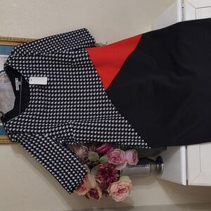 Career Black & Red Houndstooth Midi Dress Party Dinner Size 16 Contemporary